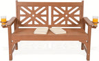 Outdoor Bench with Cup Holders, HDPE 2-Person All-Weather Patio Bench, 660 lbs Capacity, Fade & Rot Resistant for Porch Backyard Park, Brown