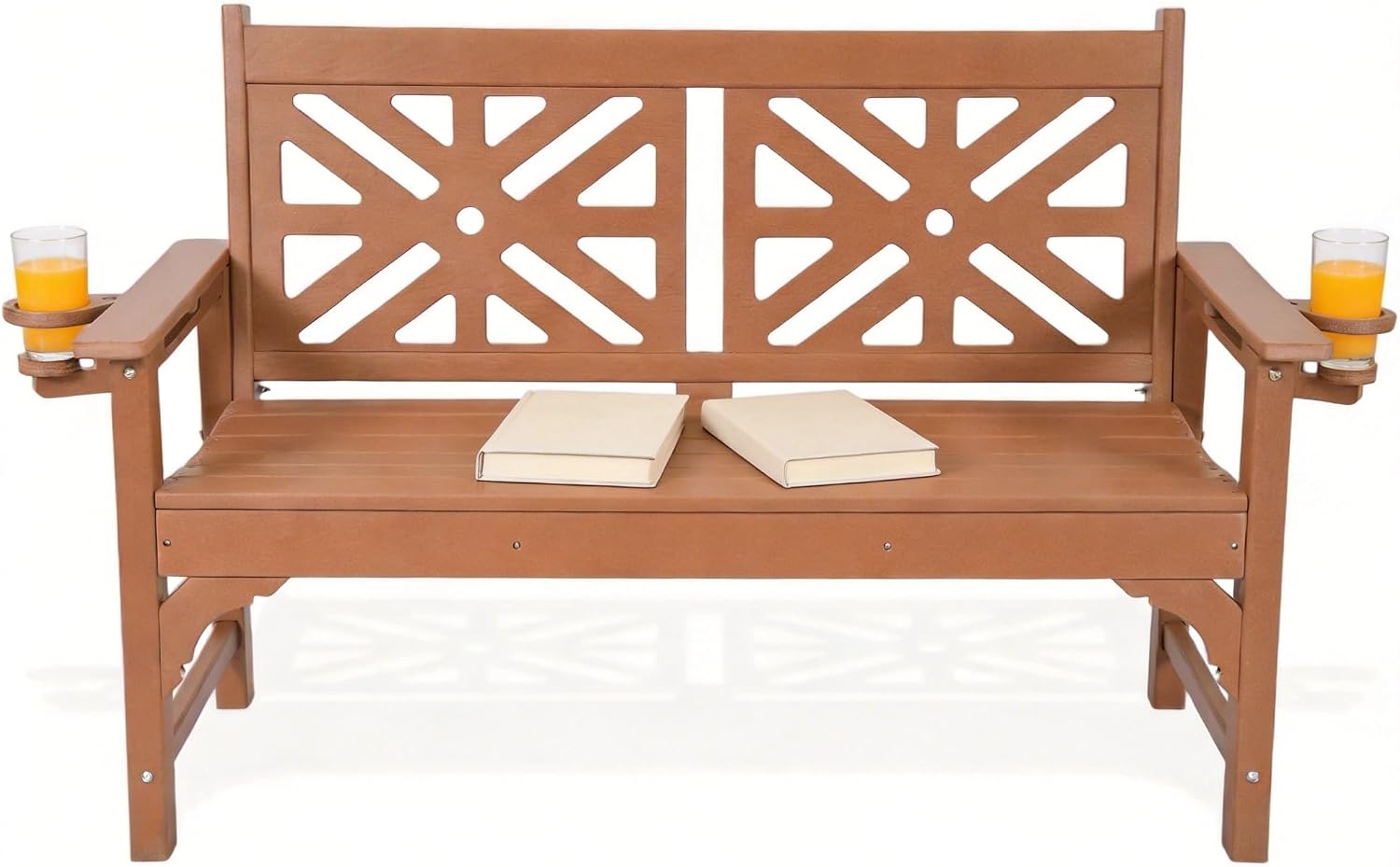 Outdoor Bench with Cup Holders, HDPE 2-Person All-Weather Patio Bench, 660 lbs Capacity, Fade & Rot Resistant for Porch Backyard Park, Brown