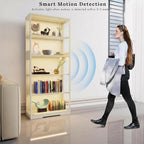 Display Cabinet with Glass Doors, 5-Tier 65" Glass Display Cabinet with LED 3-Color Lights & Human Body Sensor, Curio Cabinet with Textured Wood Shelves for Collectibles (Warm White Iron Frame