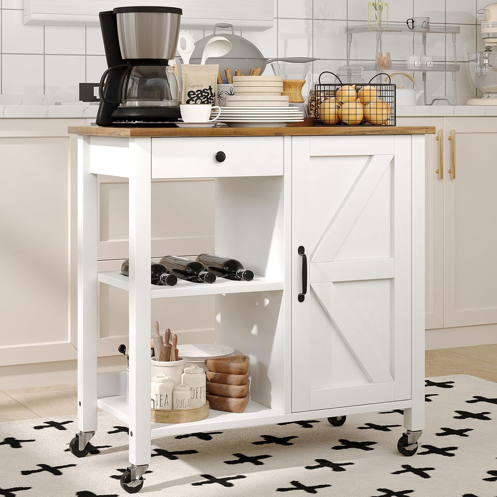 4 EVER WINNER Rolling Kitchen Island with Storage, Farmhouse Kitchen Cart with Drawer and Door, Wine Rack and Adjustable Shelf, Microwave Cart for Kitchen, Dining Room, White