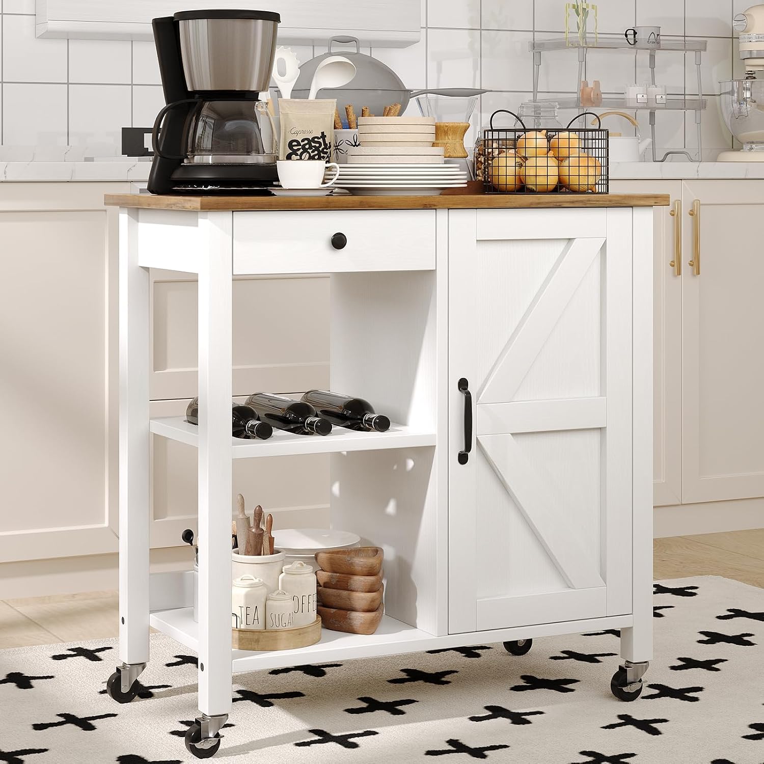 4 EVER WINNER Rolling Kitchen Island with Storage, Farmhouse Kitchen Cart with Drawer and Door, Wine Rack and Adjustable Shelf, Microwave Cart for Kitchen, Dining Room, White