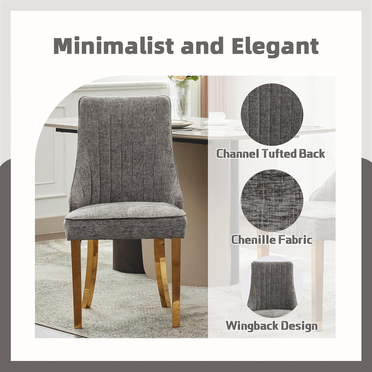 Dining Chairs Set of 6，Modern Channel Tufted Upholstered Dining Chairs with Golden Stainless Steel Legs, Comfortable Chenille Fabric Kitchen Chairs for Dining Room (Grey, 6pc)