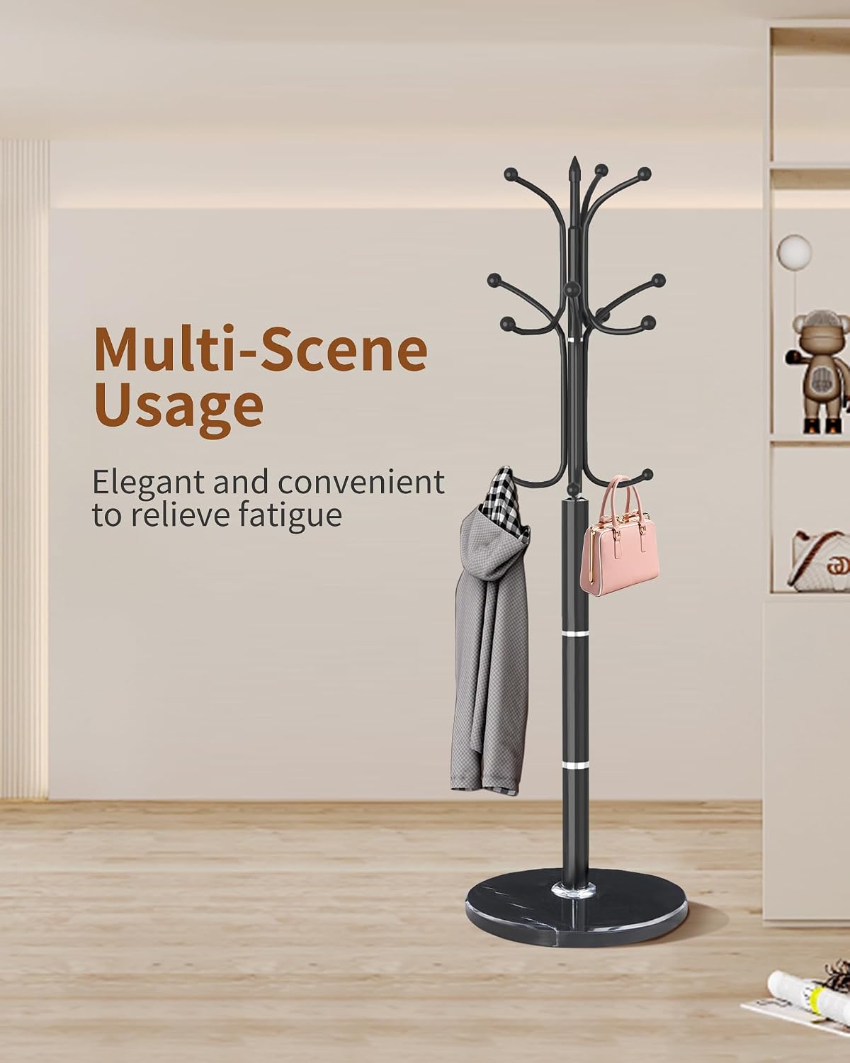 Snaikor Metal Coat Rack Freestanding, Sturdy Coat Rack Stand with Natural Marble Base, Modern Black Coat Racks Tree Hats Hanger Holder Stand for Entryway, Hallway, Office(12 Hooks)