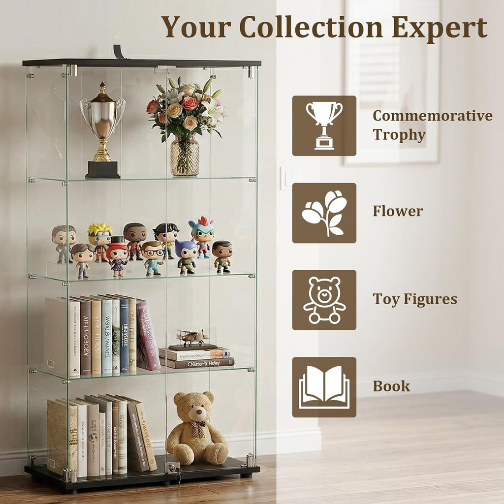 BEAUTYPEAK Tempered Glass Display Cabinet, 4-Tier Curio Cabinet with Glass Doors and Lock, Glass Display Case for Collectibles, for Living Room, Double Door, Black