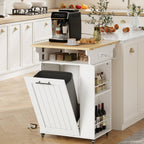 HOOBRO Kitchen Island with Trash Can Storage, Rolling Kitchen Island with Drop Leaf Countertop, Island Table with Power Outlet & Spice Rack, for 10 Gallon Garbage Bin, White and Natural WN33UZD01