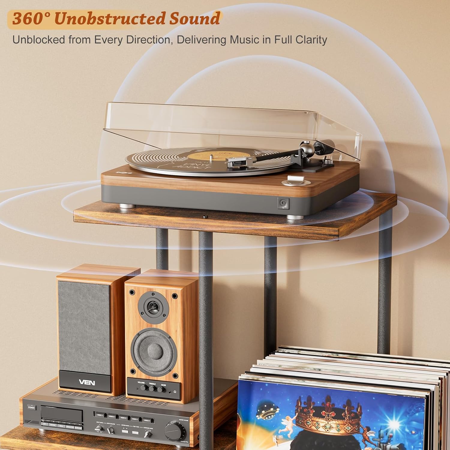 Record Player Stand, Vinyl Record Storage Holder with Display Shelf, Turntable Stand Table with Vinyl Organizer Dividers Album Rack, Vintage Style Record Cabinet Wood, Mid Century Modern Tall Console