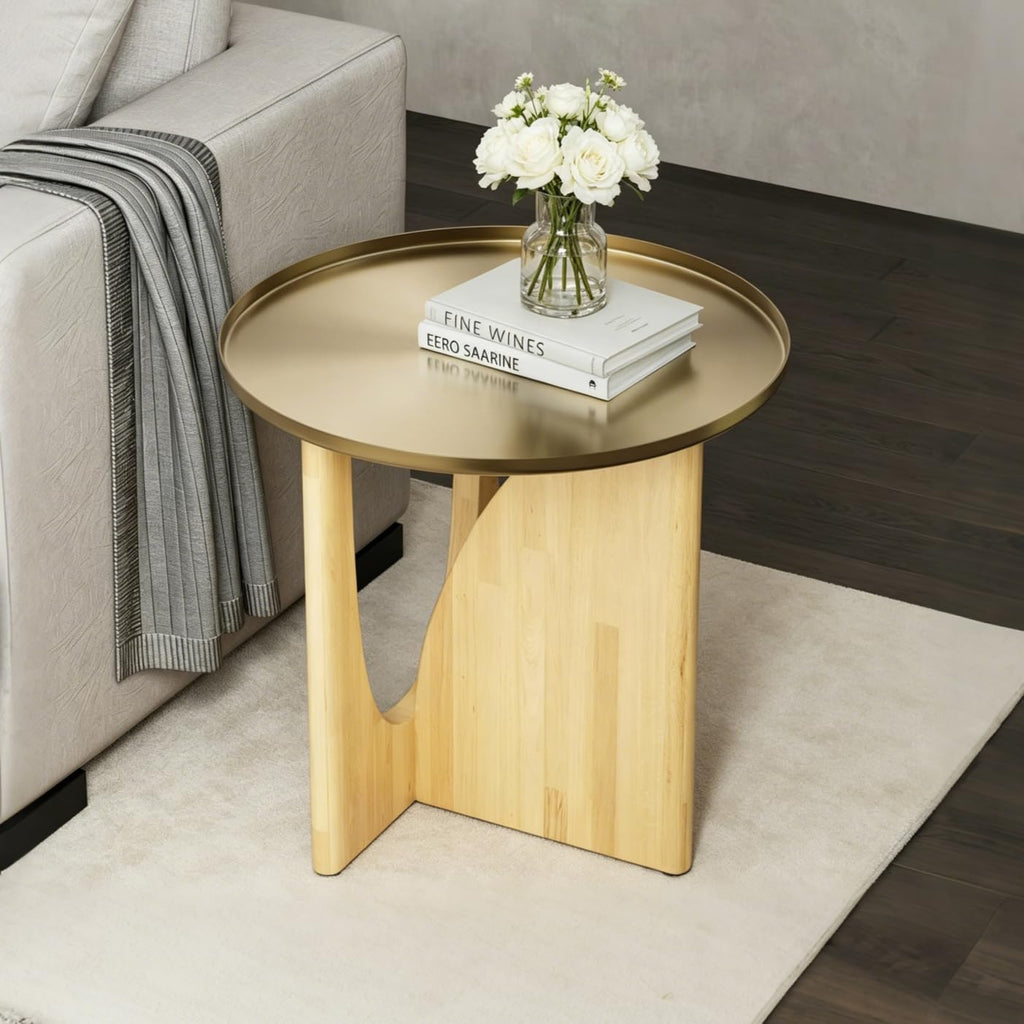 ACEDÉCOR Round Side Table, Solid Wood End Table with Brushed Gold Metal Tray Top, Modern Side Table for Living Room Bedroom Small Space