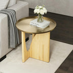 ACEDÉCOR Round Side Table, Solid Wood End Table with Brushed Gold Metal Tray Top, Modern Side Table for Living Room Bedroom Small Space