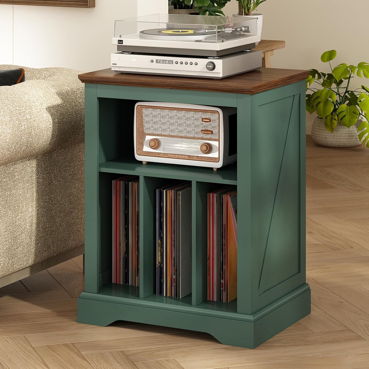 RowyPoey Farmhouse Record Player Stand, 3 Tier End Table, Turntable Stand with Vinyl Record Storage, Wood Record Holder Cabinet Dispaly Shelf for Living Room,Bedroom,Office,Antique White