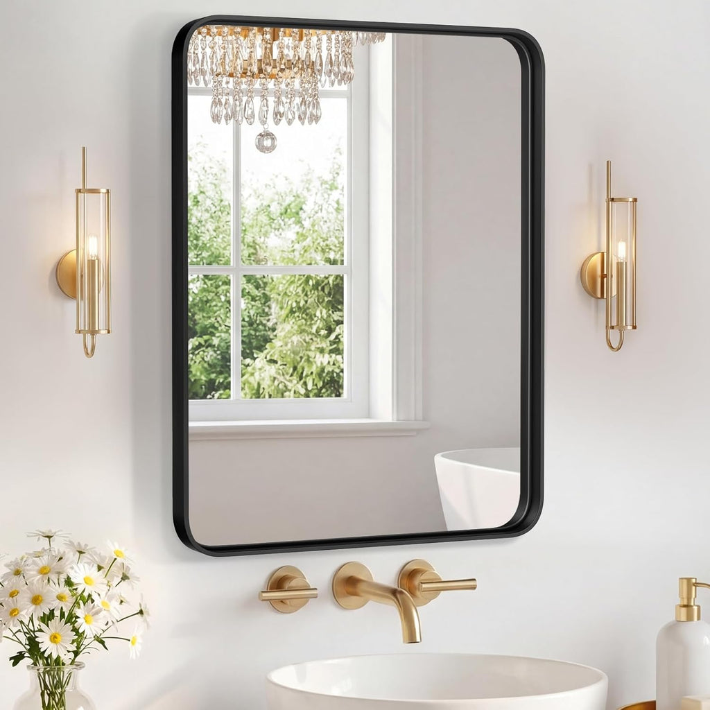 Sweetcrispy Bathroom Mirror 20x16 Inch Metal Framed Rounded Rectangle Vanity Mirror for Wall, Over Sink, Farmhouse, Restroom, Anti-Rust, Modern Decorative, Horizontal or Vertical Hanging, Black