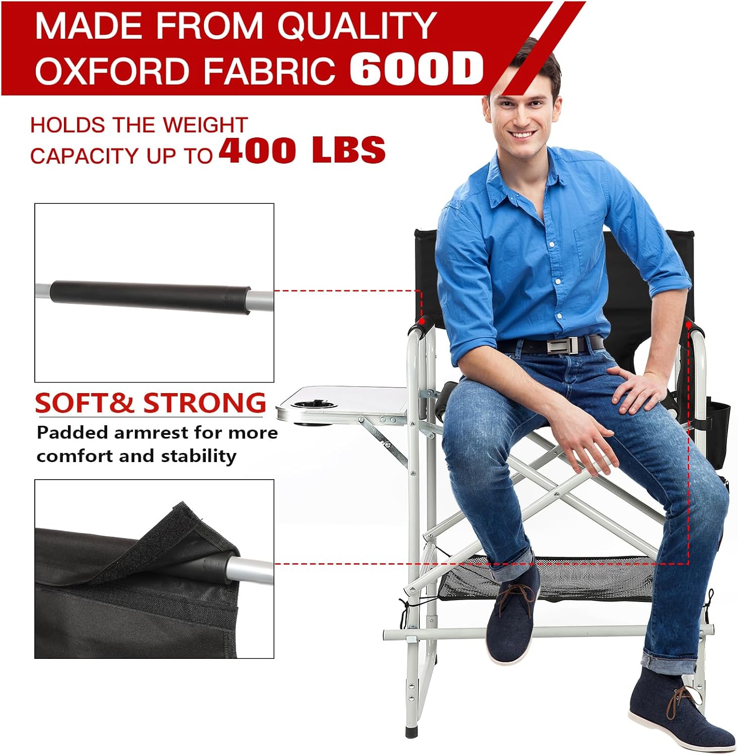 Tall Makeup Chair 41'', Director Chair 600 lbs Foldable Portable, Makeup Chair for Makeup Artist with Table, Cup Holder, Storage Bag & Footrest