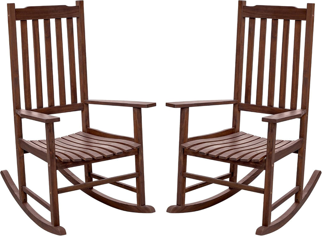 Flamaker Acacia Wood Patio Rocking Chair Set of 2, High Back and Widen Armrest for Adults, Solid Wood Porch Rocking Chair for Lawn, Garden, Backyard (Brown)
