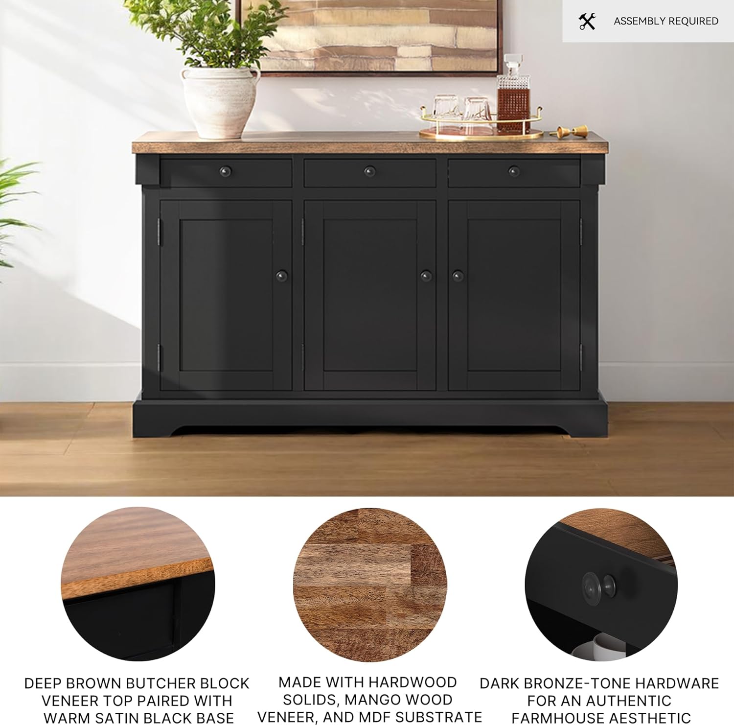 Signature Design by Ashley Wildenauer Buffet Cabinet, Modern Farmhouse Two-Tone Design, Hardwood Solids, Mango Wood Veneer and MDF Substrate, Sideboard Storage for Dining Rooms, Black & Brown, 59" W