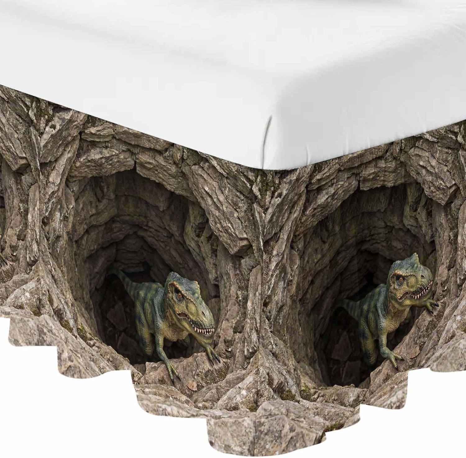 3D Optical Illusion Bed Skirt Full/Queen Size Bed Skirting 16 Inch Drop Adjustable Elastic Dust Ruffles Wrap Around Bedskirt Pleated Nature Dinosaur Stones Brown Bedding Frame Cover for Dorm
