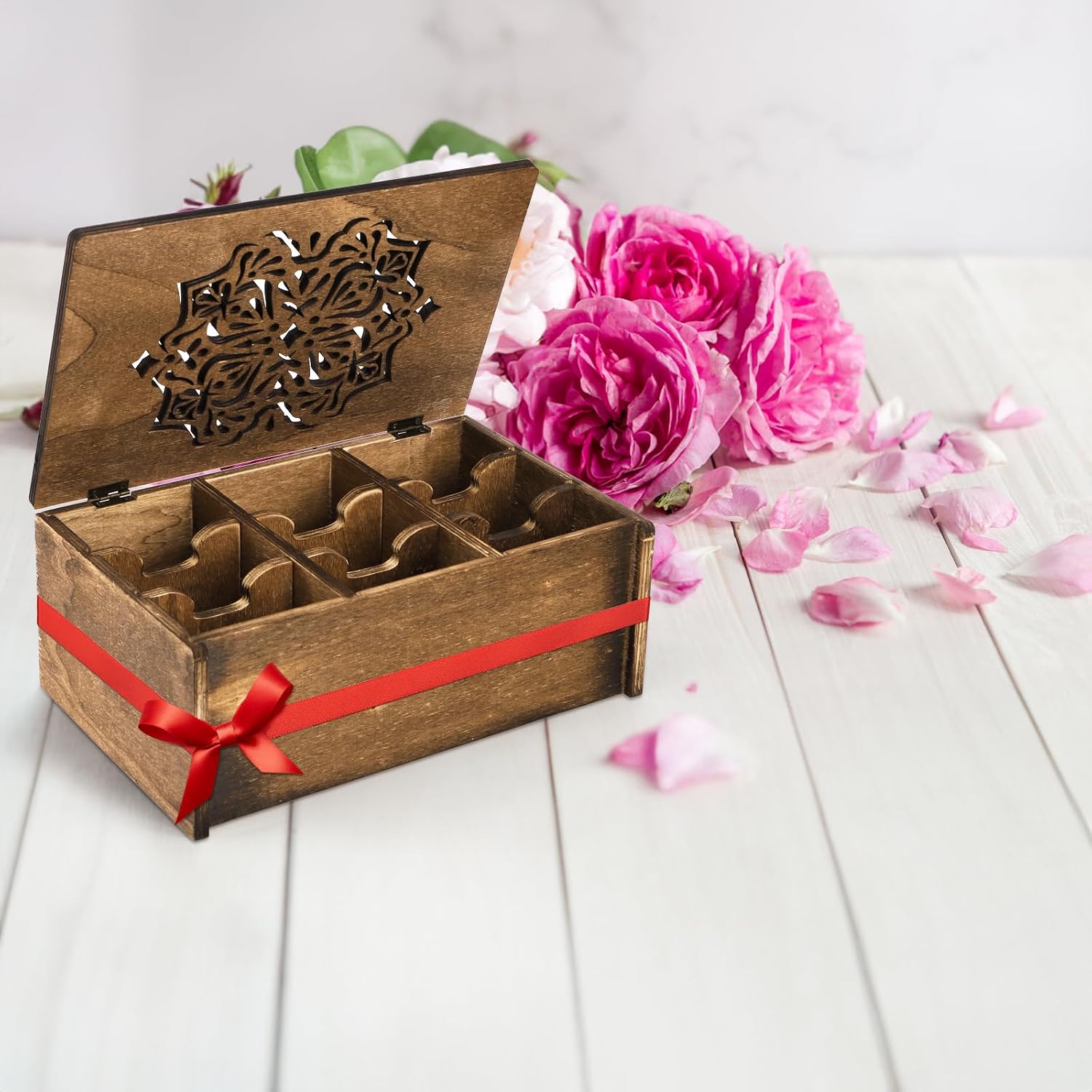 WRINGKIT Tea Bag Organizer Storage Box, Wood, 9 Compartments | Tea Chest Containers with Floral Carved Lid, Tea Holder Box for Assorted Spice Packets, Home Decor, Multi-Functional Storage