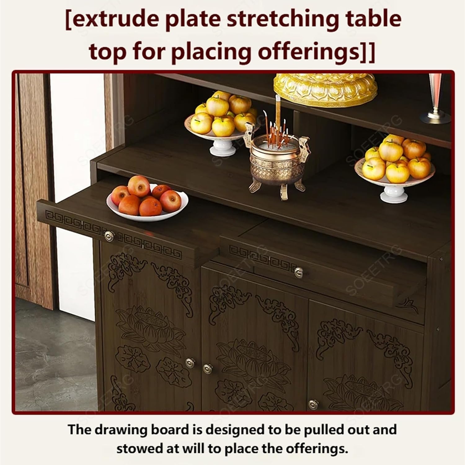 Chinese Style Wooden Prayer Altar Table with Storage Cabinet and Drawer, Buddha Shrine Display Stand, Buddhist Side Table for Living Room (Walnut-102cm)