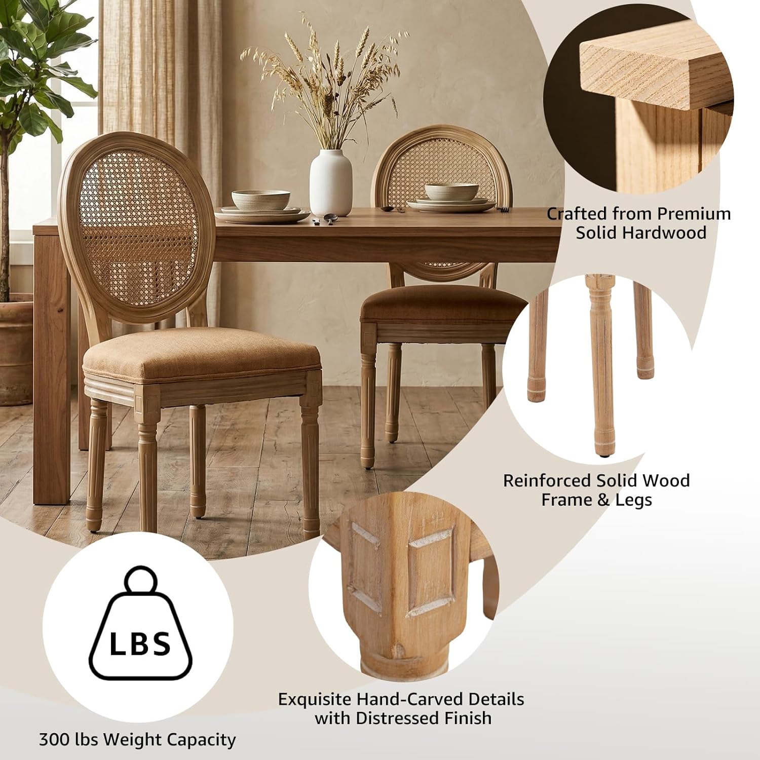 Vintage French Country Dining Chairs Set of 4, Farmhouse Rattan Dining Room Chairs with Round Back, Linen Upholstered Seat & Carved Solid Wood Legs, Sillas de Comedor, Kitchen Dining Chairs (Tan)