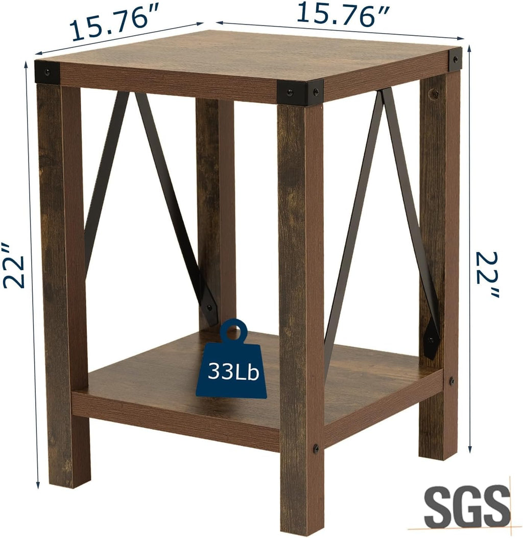Brown Farmhouse Nightstand Set of 2, Rustic End Table with Barn Door and Shelf, Bedside Table