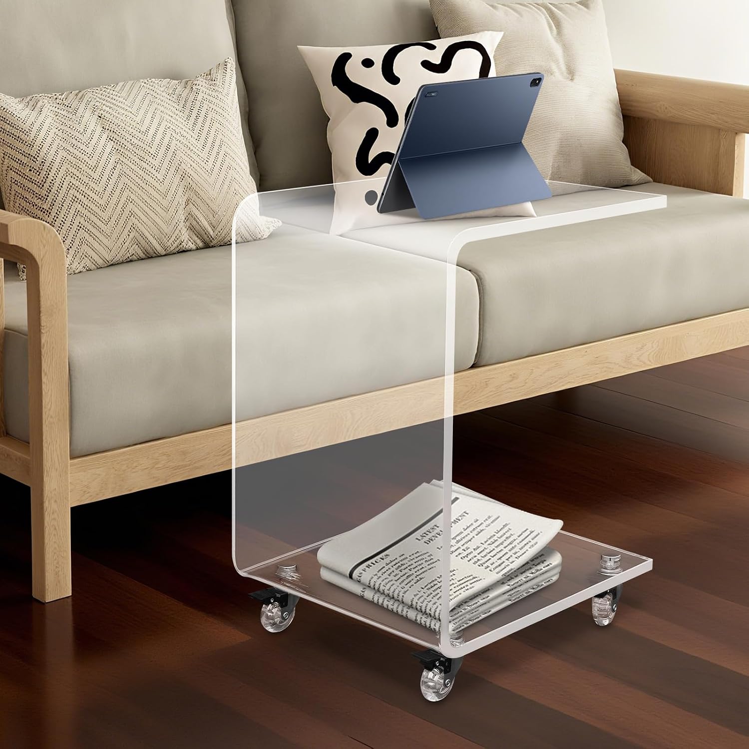 C-Shaped Side Table, Clear Acrylic Mobile End Table, 22 Inch Tall Snack Table with Wheels for Living Room, Study Room, Bedroom