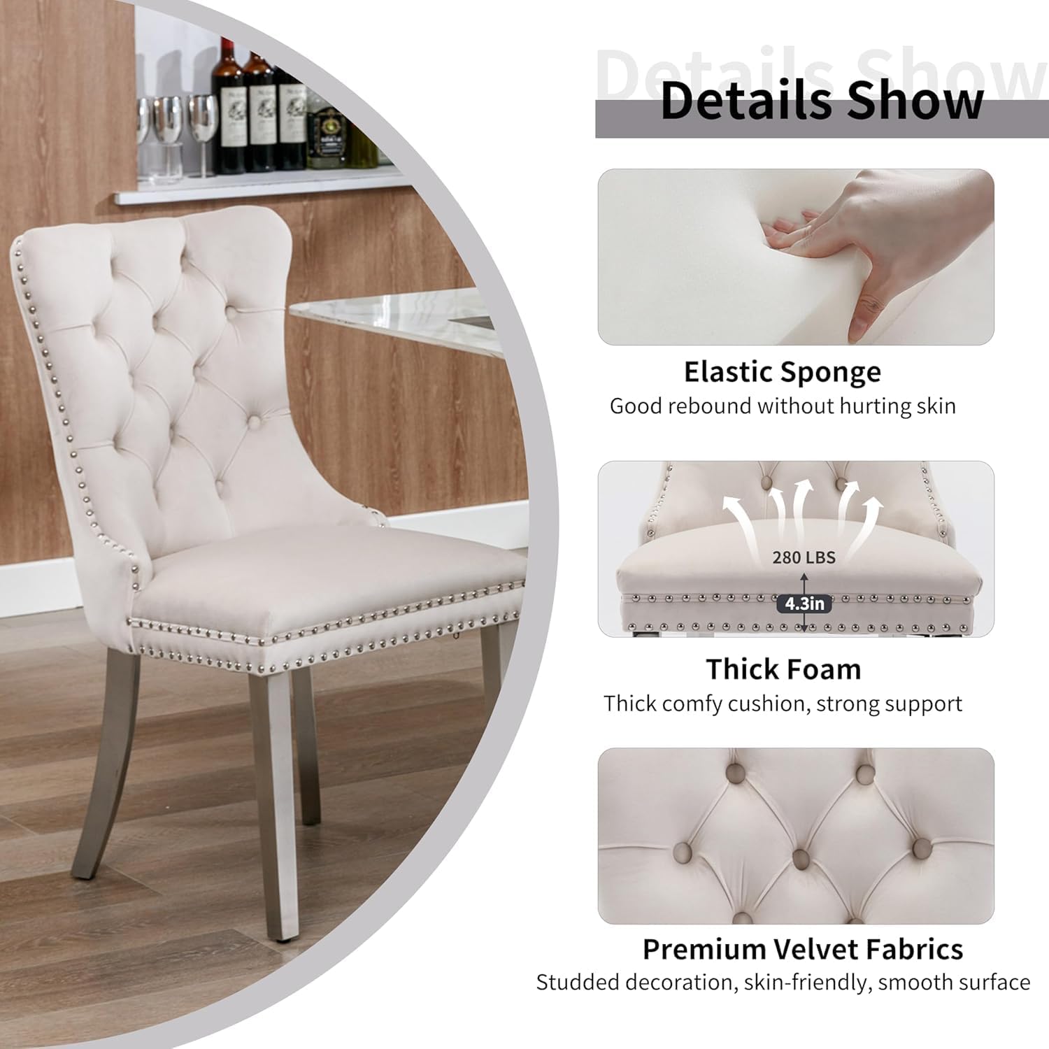 7-Piece Modern Luxury Glass Dining Set, Large Minimalist Rectangle Dinner Set for 6, 63'' Clear Glass Top Kitchen Table Set with White & Silver Base, Beige Tufted Chairs, for Apartment Home