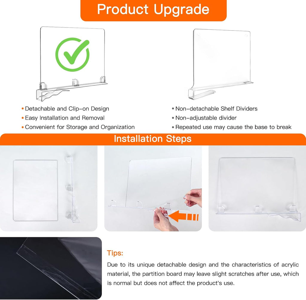 Fixwal 12 PCS Detachable Acrylic Shelf Dividers for Closet Organization Clear Shelf Divider for Closet Organizers and Vertical Purse Organizer for Closet, Bedroom, Kitchen, Office, Cabinets, Bathroom