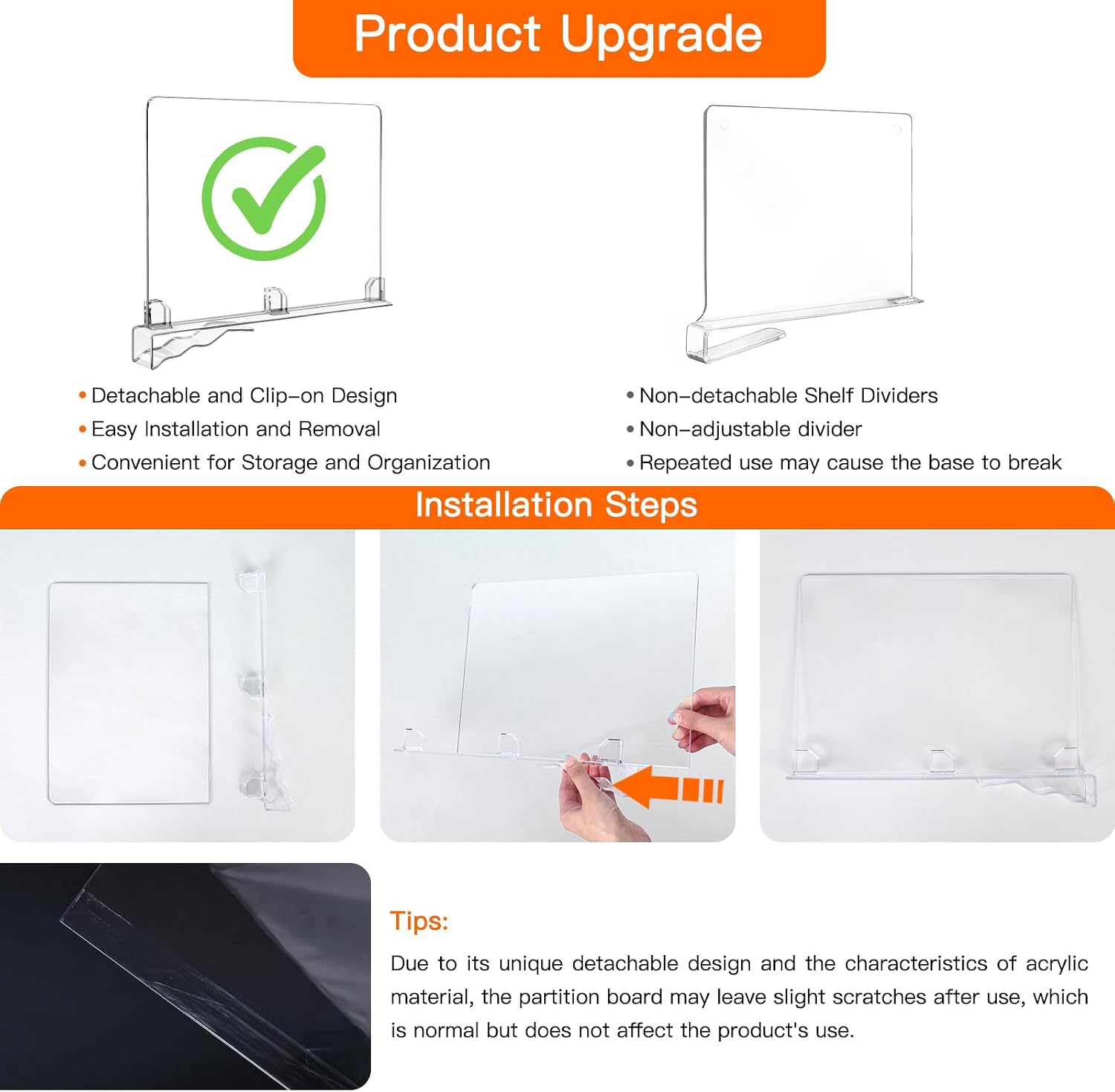 Fixwal 12 PCS Detachable Acrylic Shelf Dividers for Closet Organization Clear Shelf Divider for Closet Organizers and Vertical Purse Organizer for Closet, Bedroom, Kitchen, Office, Cabinets, Bathroom
