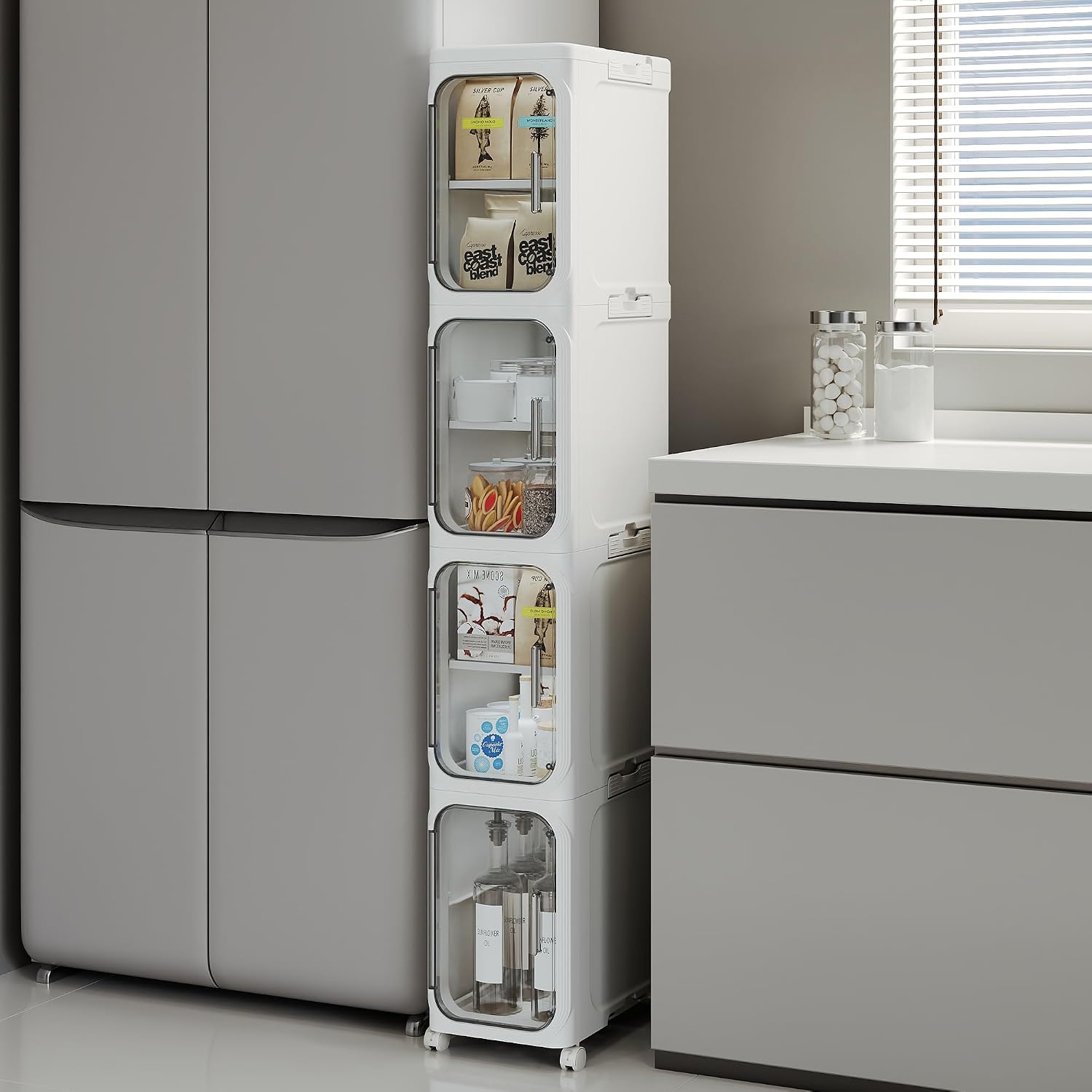 Narrow Slim Bathroom Storage Cabinet with Wheels, 4-Tier White | Tool Free Assembly, Adjustable Shelves, Fits for Narrow Spaces, Reinforced Stability, Magnetic Clear Door