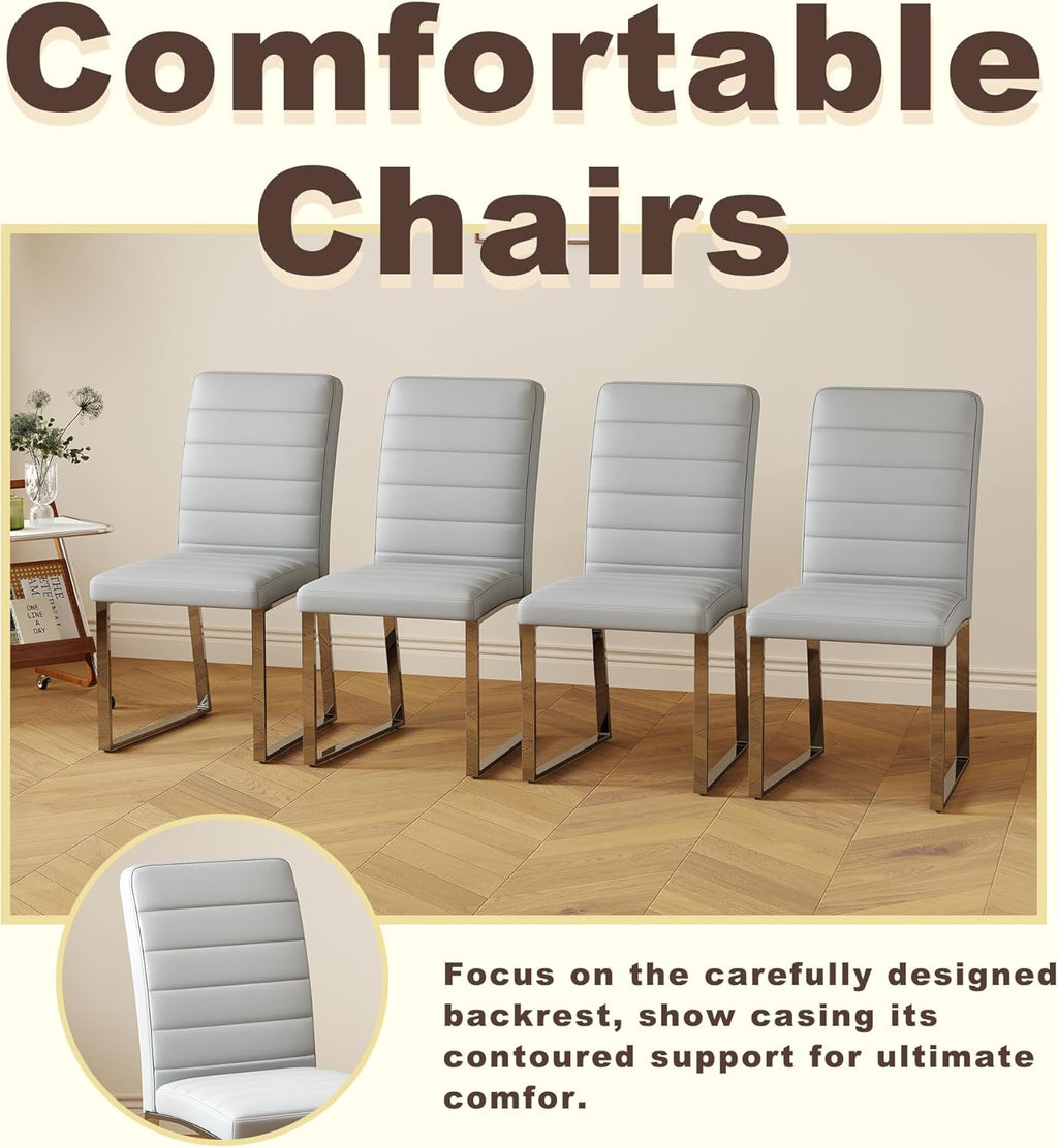 Modern Dining Chairs Set of 6, Grey Faux Leather Kitchen Chairs, Upholstered Armless Dining Room Chair with Silver Metal Legs Heavy Duty, Comfortable (Grey Chiars, Set of 6)