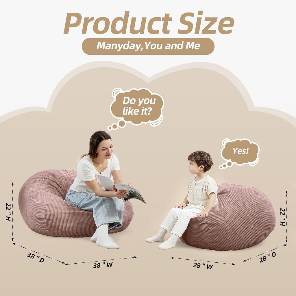2.5FT Bean Bag Chair with Memory Foam Filling, Pink | Corduroy Fluffy Beanbag Chair for Kids and Teens, Comfy Floor Chair for Living Room Bedroom