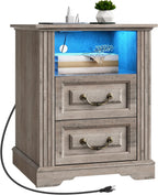 RALGEND Farmhouse End Table with 2 Drawers, Nightstand with Charging Station, End Tables Living Room with LED Lights, Bedside Table for Bedroom, Living Room, Greige