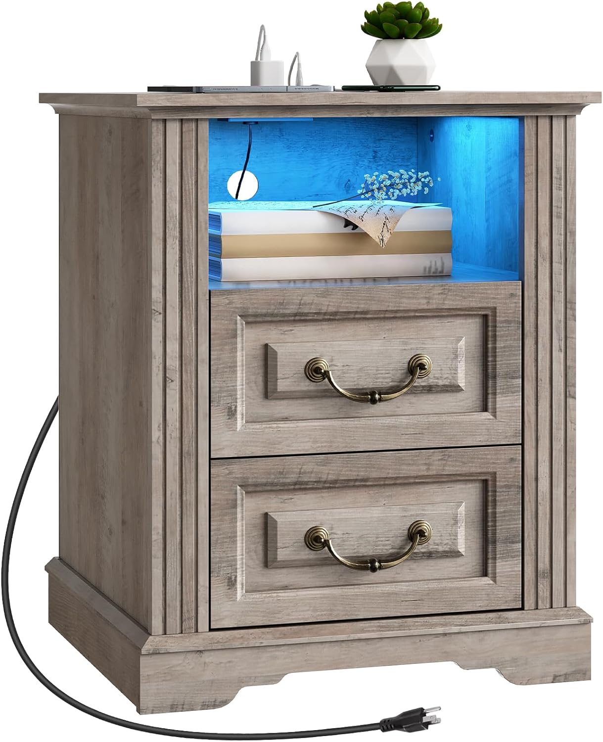 RALGEND Farmhouse End Table with 2 Drawers, Nightstand with Charging Station, End Tables Living Room with LED Lights, Bedside Table for Bedroom, Living Room, Greige