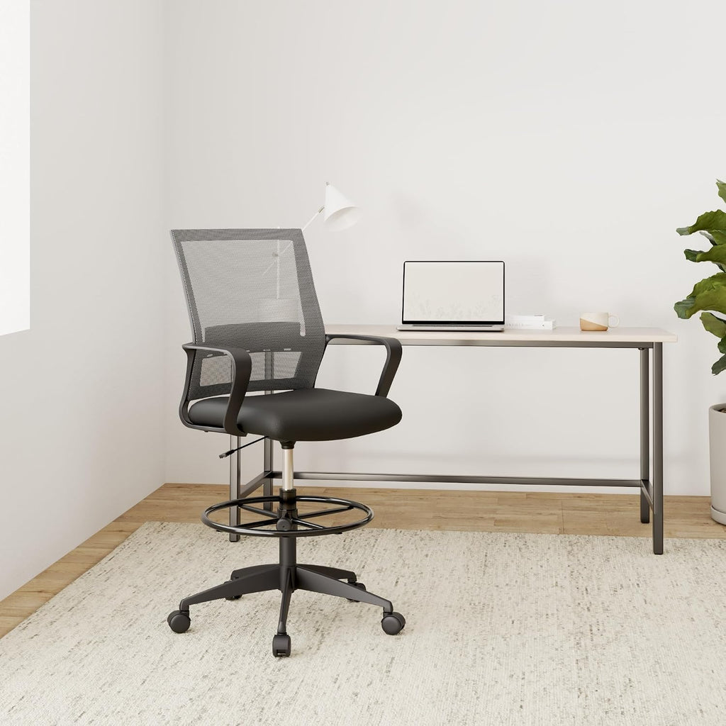 Drafting Chair Tall Office Chair Adjustable Swivel Rolling Mesh Height with Lumbar Support Arms Footrest Mid Back for Adults Standing Desk Drafting Stool (Grey)