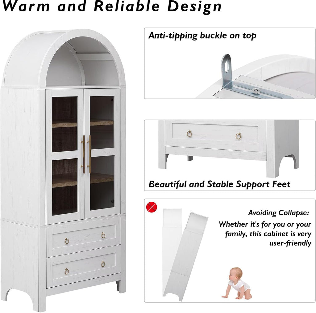 71" Tall Arched Kitchen Pantry Cabinet with 2 Large Drawers, Modern Farmhouse Kitchen Storage Cabinets with Adjustable Shelves, Glass Door, Wood Versatile Cupboard for Kitchens, Dining Room, White