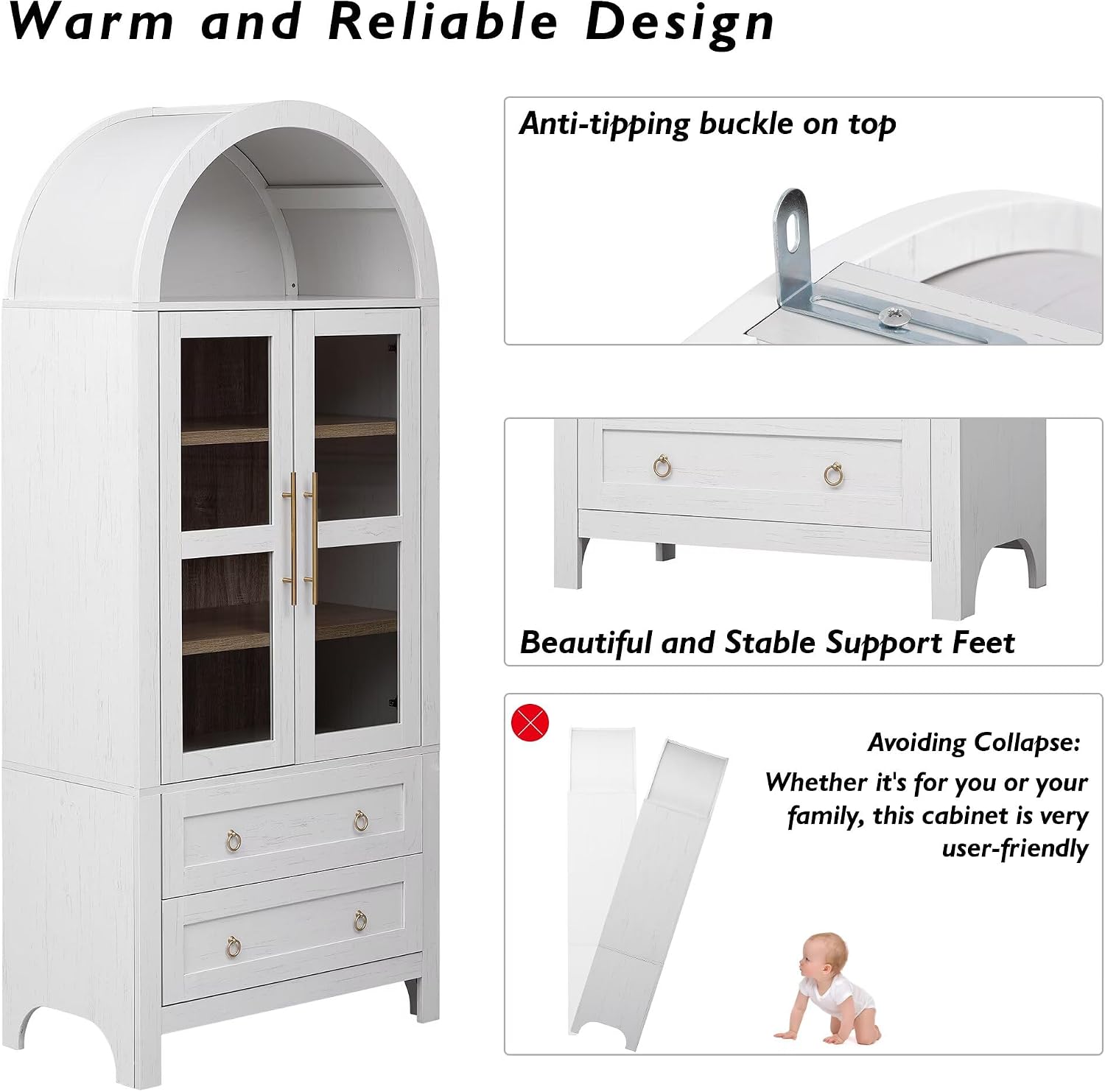 71" Tall Arched Kitchen Pantry Cabinet with 2 Large Drawers, Modern Farmhouse Kitchen Storage Cabinets with Adjustable Shelves, Glass Door, Wood Versatile Cupboard for Kitchens, Dining Room, White
