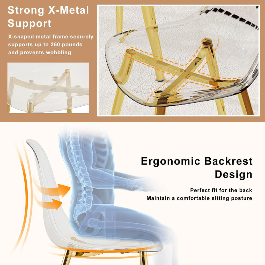 Ebullient Glass Dining Table Set for 4, 51" Clear Tempered Glass Tabletop with Gold Chrome Metal Legs and 4 Transparent Acrylic Chairs, Compact Modern Kitchen Table Set for Small Space Dining Room