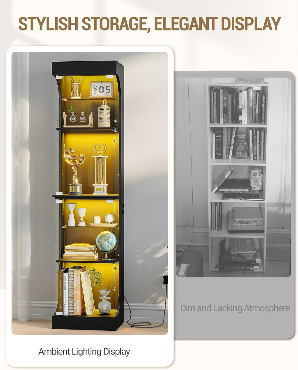 Hzuaneri Glass Display Cabinet 4-Tier Display Case with RGB Lights Black | Curio Cabinet Adjustable Glass Shelves, Human Body Sensor, Press-To-Open Doors Storage Cabinets Showcase For Collectibles
