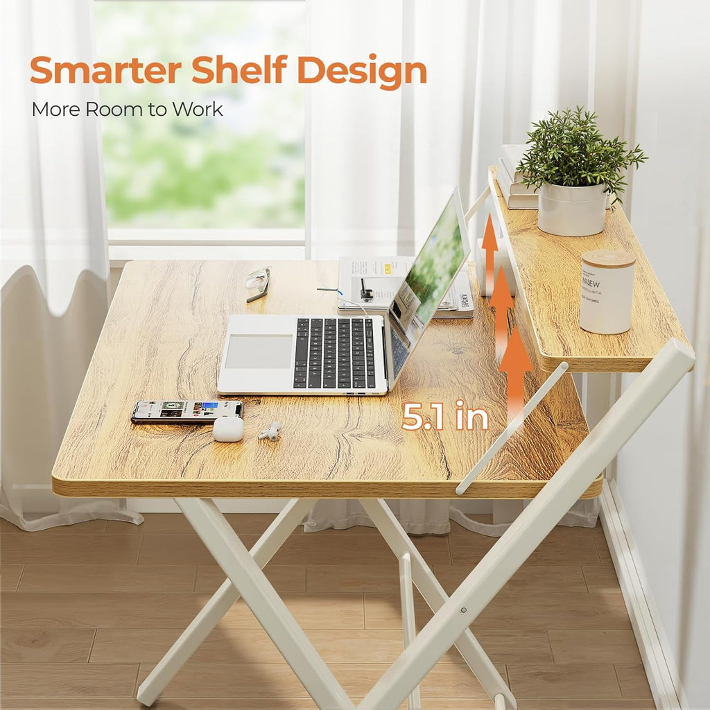 GreenForest Portable Small Desk No Assembly, 2-Tier Compact Computer Desk with Shelf, Space Saving Foldable Table for Home Office, Bedroom or Apartment, Portable Collapsible Sturdy Laptop Desk, Oak