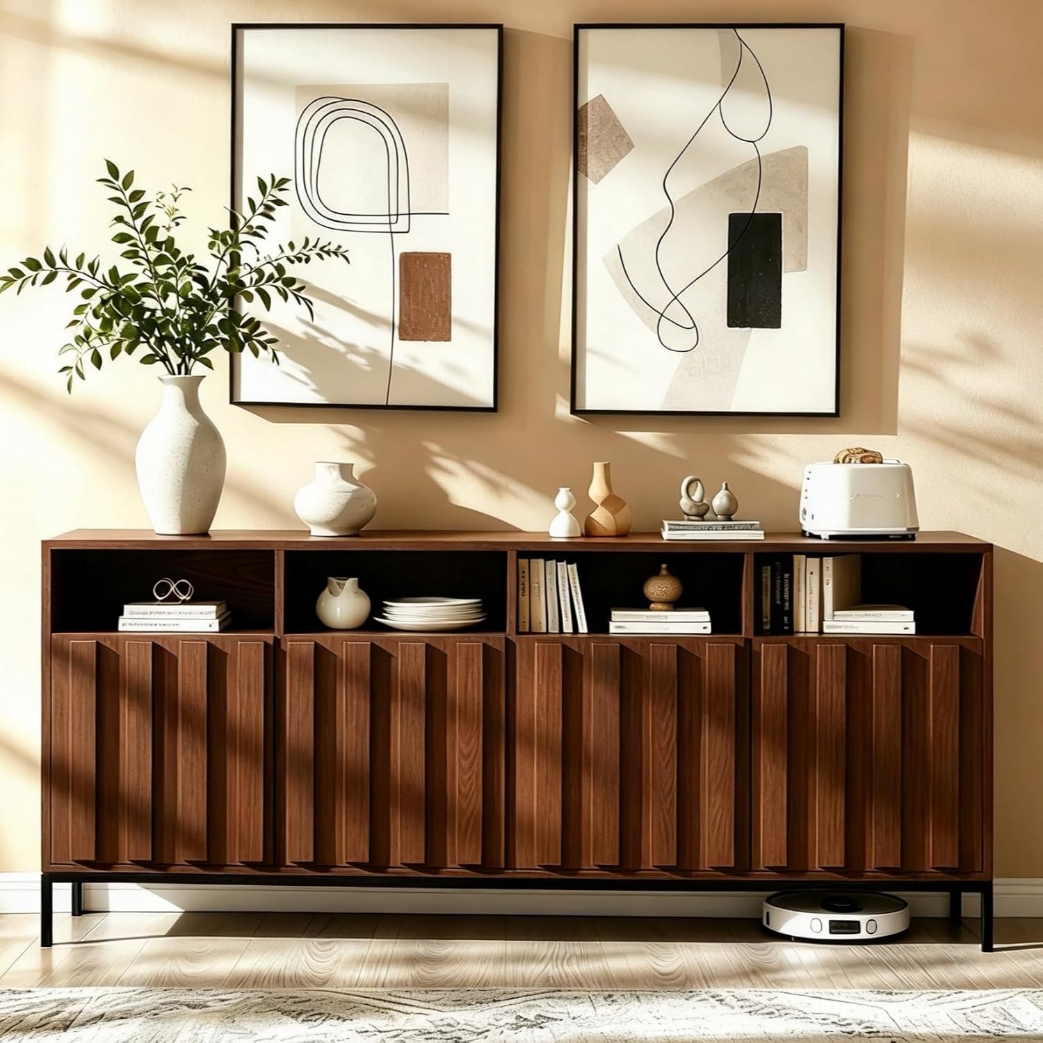 COCO DESIGN 70" Large Buffet Sideboard Cabinet with Power Outlets & Adjustable Shelves, Modern Farmhouse Accent Storage Credenza Console for Kitchen, Living Room, Walnut