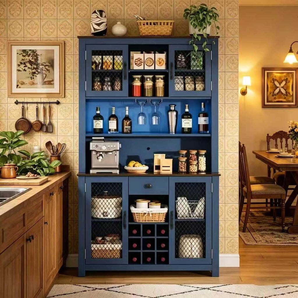 Navy Blue Kitchen Storage Cabinet, Tall Pantry with Wine Rack, Coffee Bar & Adjustable Shelves