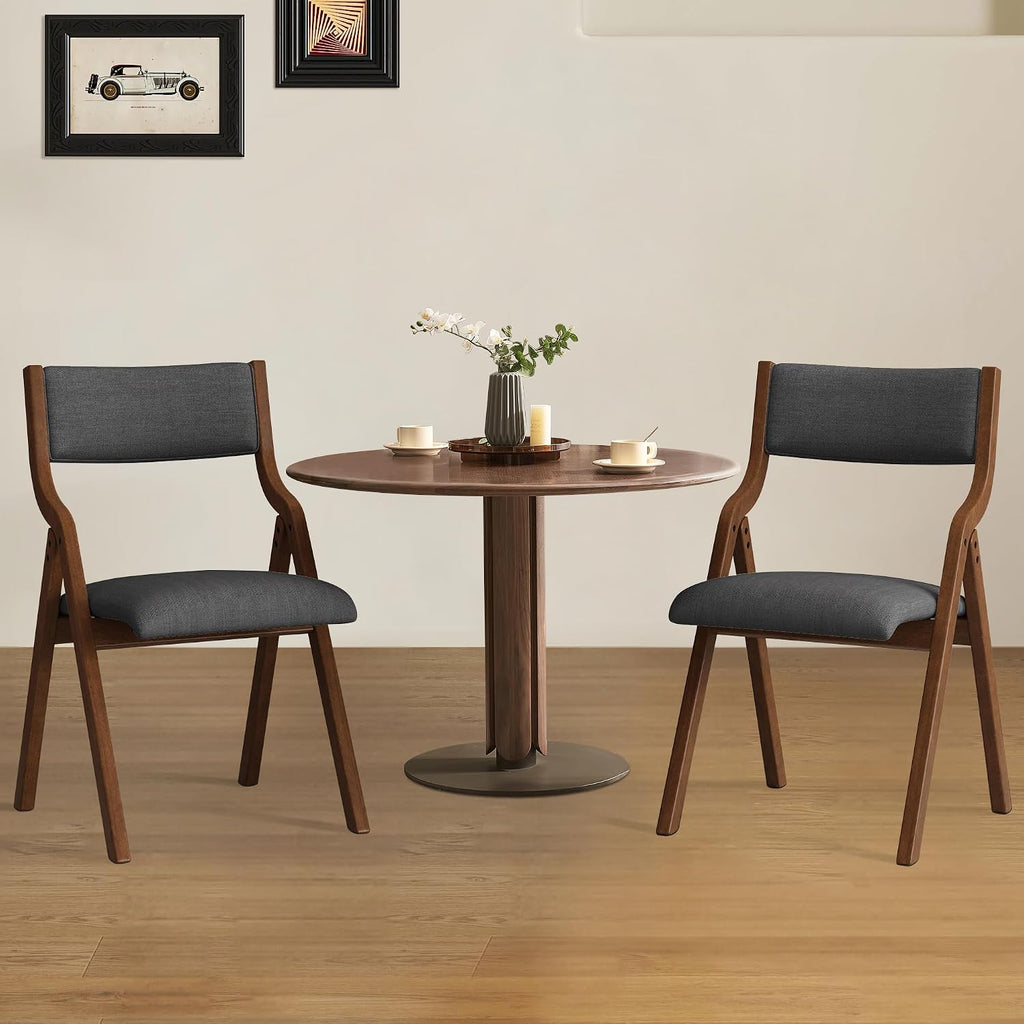 Folding Upholstered Dining Chairs 2-Piece Set,Dark Grey+Walnut | Upholstered with padded seat and backrest, Solid Wood legs, Modern Side Chair, No Assembly Required,Foldable & Space-Saving