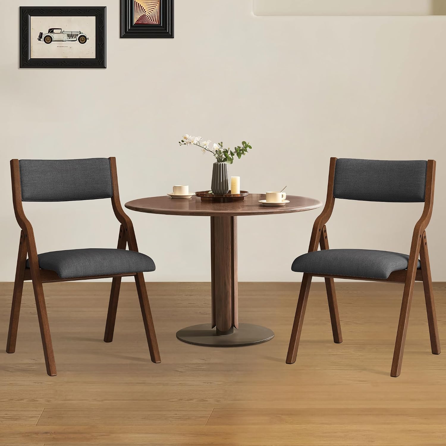 Folding Upholstered Dining Chairs 2-Piece Set,Dark Grey+Walnut | Upholstered with padded seat and backrest, Solid Wood legs, Modern Side Chair, No Assembly Required,Foldable & Space-Saving