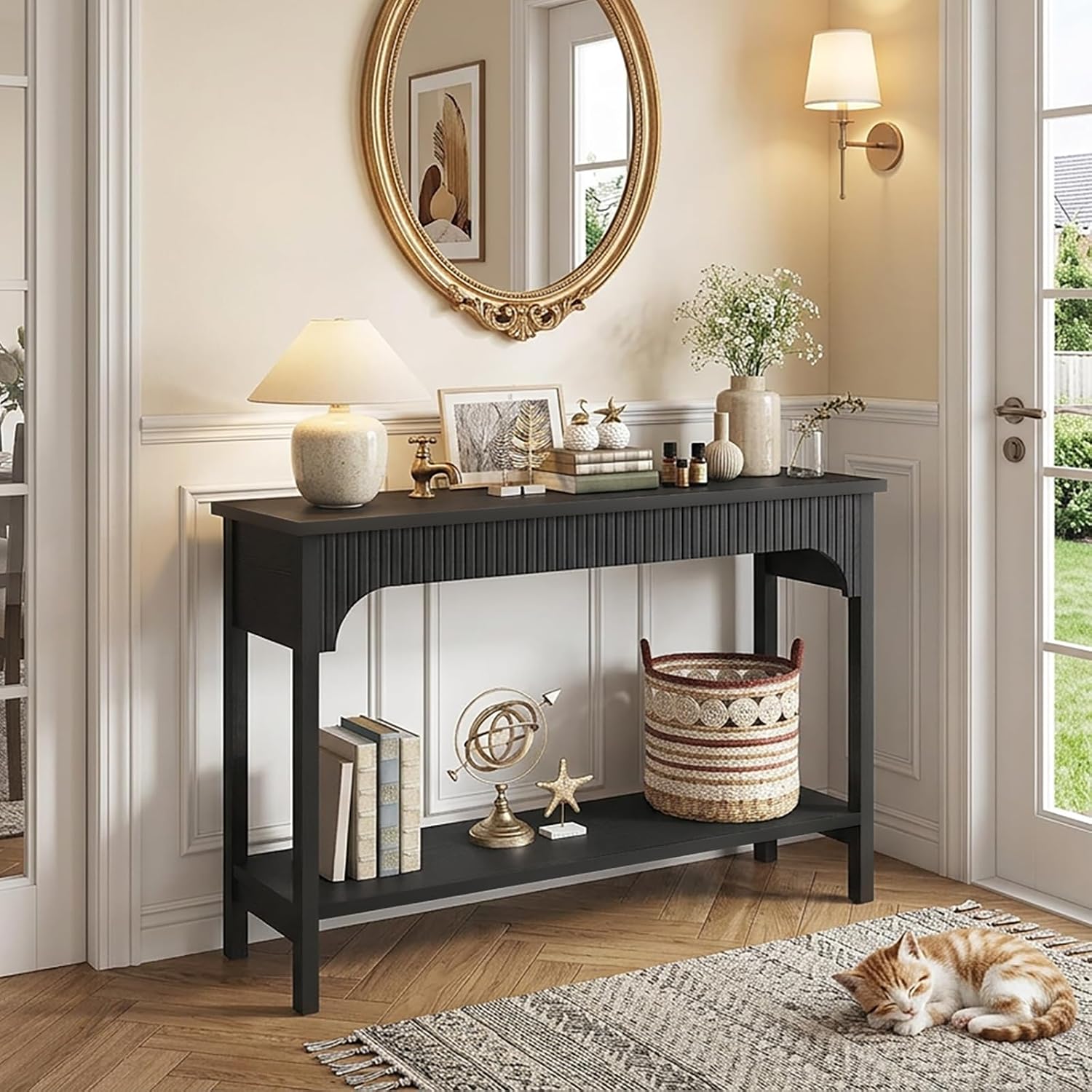 MAHANCRIS Fluted Console Table for Entryway, 43.2" Narrow Console Table with Storage, 2 Tier Industrial Sofa Table for Entryway, for Living Room, Behind Couch, Narrow Hallway, Entry, Black CTBK38001