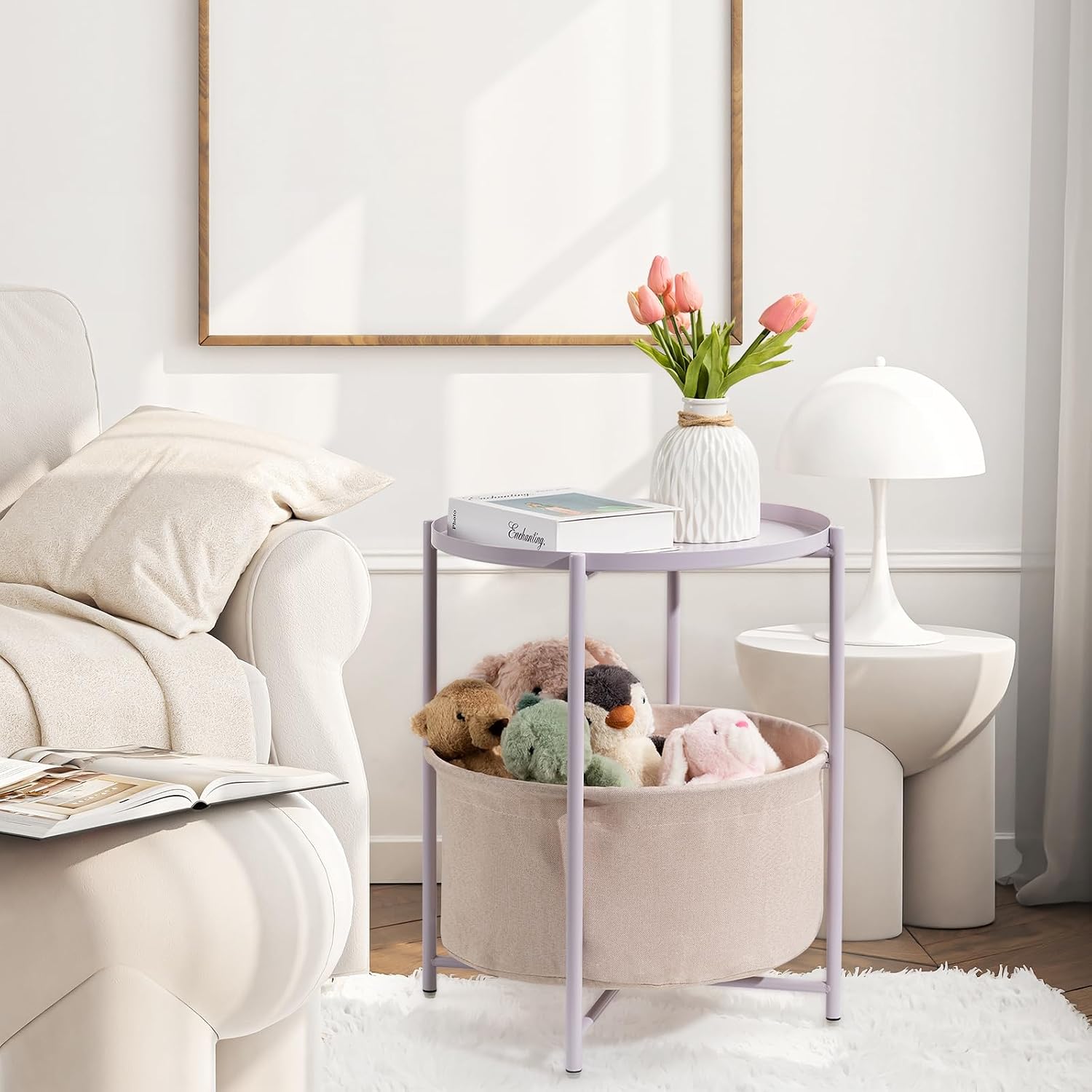 danpinera Round Side Table with Fabric Storage Basket, Small Coffee Table | Metal End Stand with Removable Serving Tray, Modern Nightstand for Small Space, Living Room, Bedroom, Nursery, Light Violet