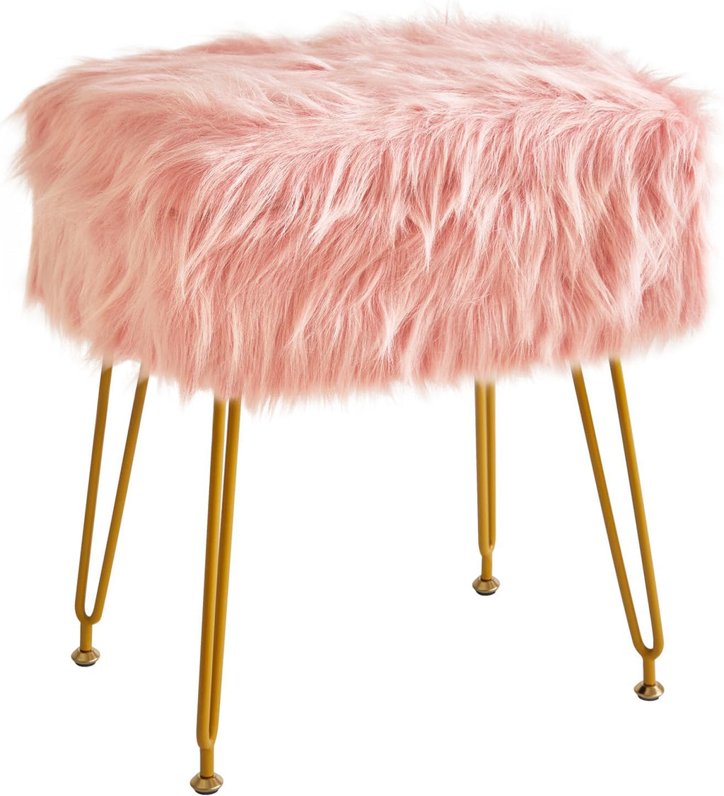 IBUYKE Rectangular Faux Fur Vanity Stool with Storage, Pink WBD022P | Furry Makeup Chair Ottoman Soft Padded Seat Round Footrest Footstools 4 Metal Legs Living Room Bedroom Entryway