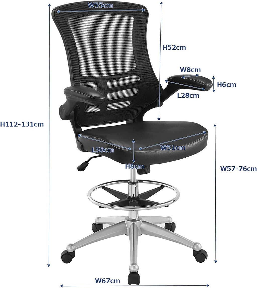 Modway Attainment Vinyl Drafting Chair - Drafting Stool With Flip-Up Arm in Black