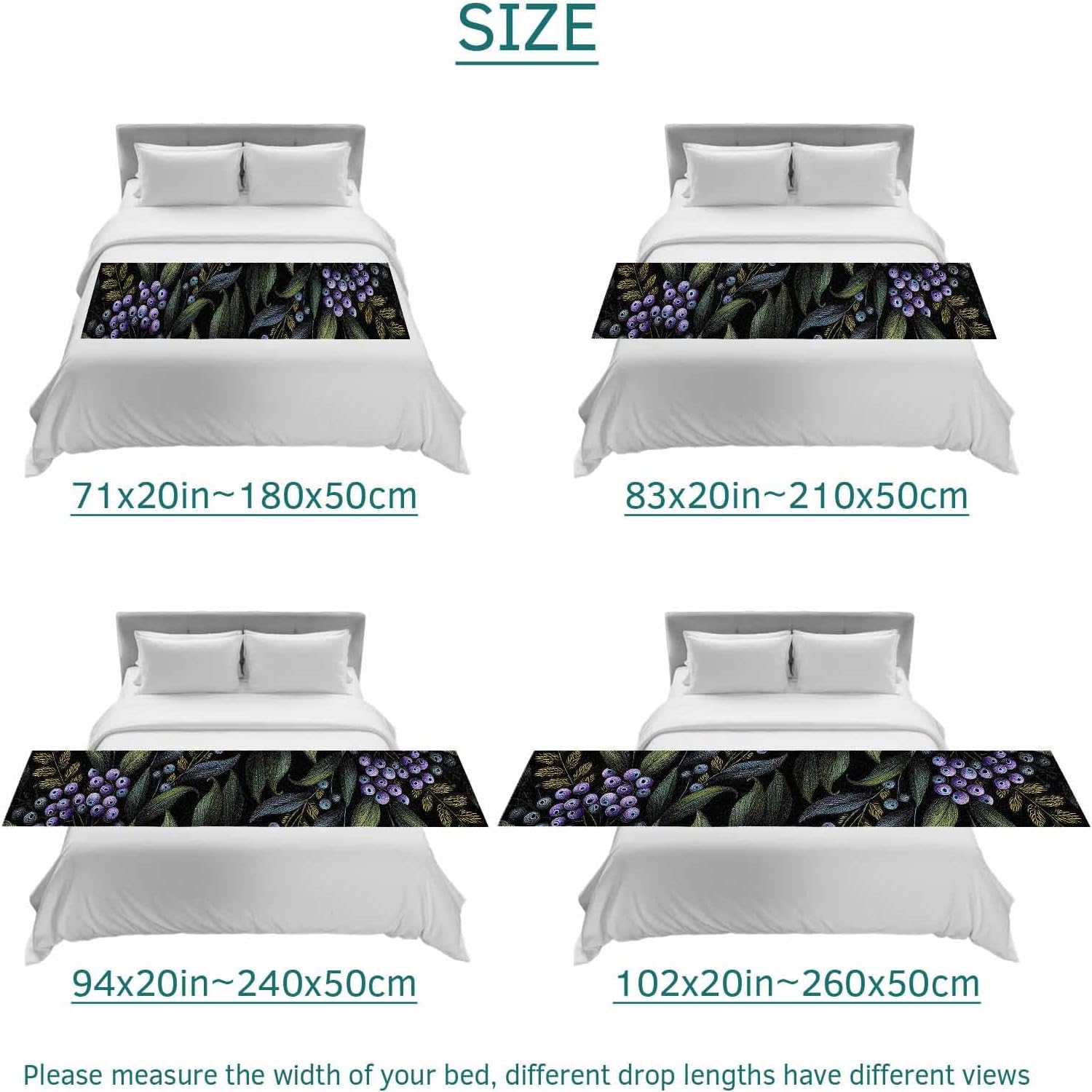 Purple Barrier Bed Runners for Queen Size Beds, Decorative Bed Throws for Foot of Beds, Luxury Bedding Protector Slipcover Vintage Abstract Art Botanical Leaves Bedrunners & Scarves for Hotel, 94"x20"