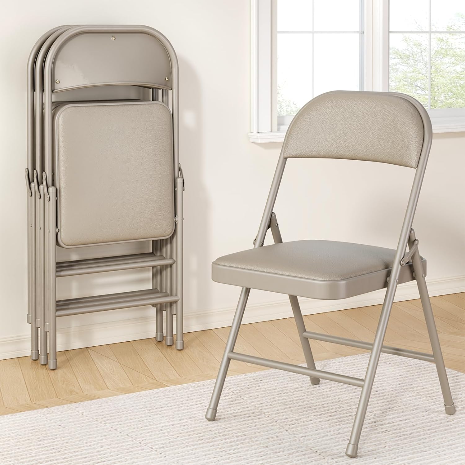 Folding Chairs 4 Pack,350 lbs Heavy Duty Metal Frame Folding Chairs with PU Leather Cushion, Ergonomic Foldable Chair with Non-Slip Feet, Portable Stackable Seating for Office Wedding Camping -Khaki