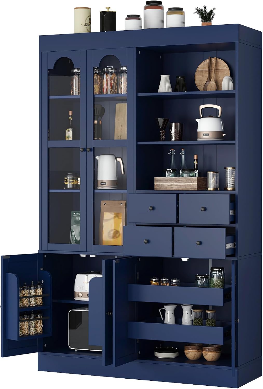 Merax 75" Tall Kitchen Pantry Storage Cabinet with Glass Door, Kitchen Hutch Cabinet with Open Shelves, Drawers, Pull-Out Trays and Door Shelves, Farmhouse Food Pantry for Living Room, Blue
