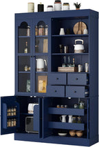 Merax 75" Tall Kitchen Pantry Storage Cabinet with Glass Door, Kitchen Hutch Cabinet with Open Shelves, Drawers, Pull-Out Trays and Door Shelves, Farmhouse Food Pantry for Living Room, Blue