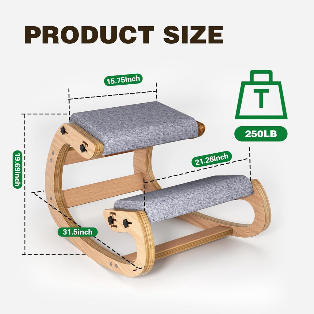 Ergonomic Kneeling Chair with Wooden Frame - Adjustable Height Office Chair with Soft Padding for Back Pain Relief, Posture Correcting Home & Office Desk Chair Wood